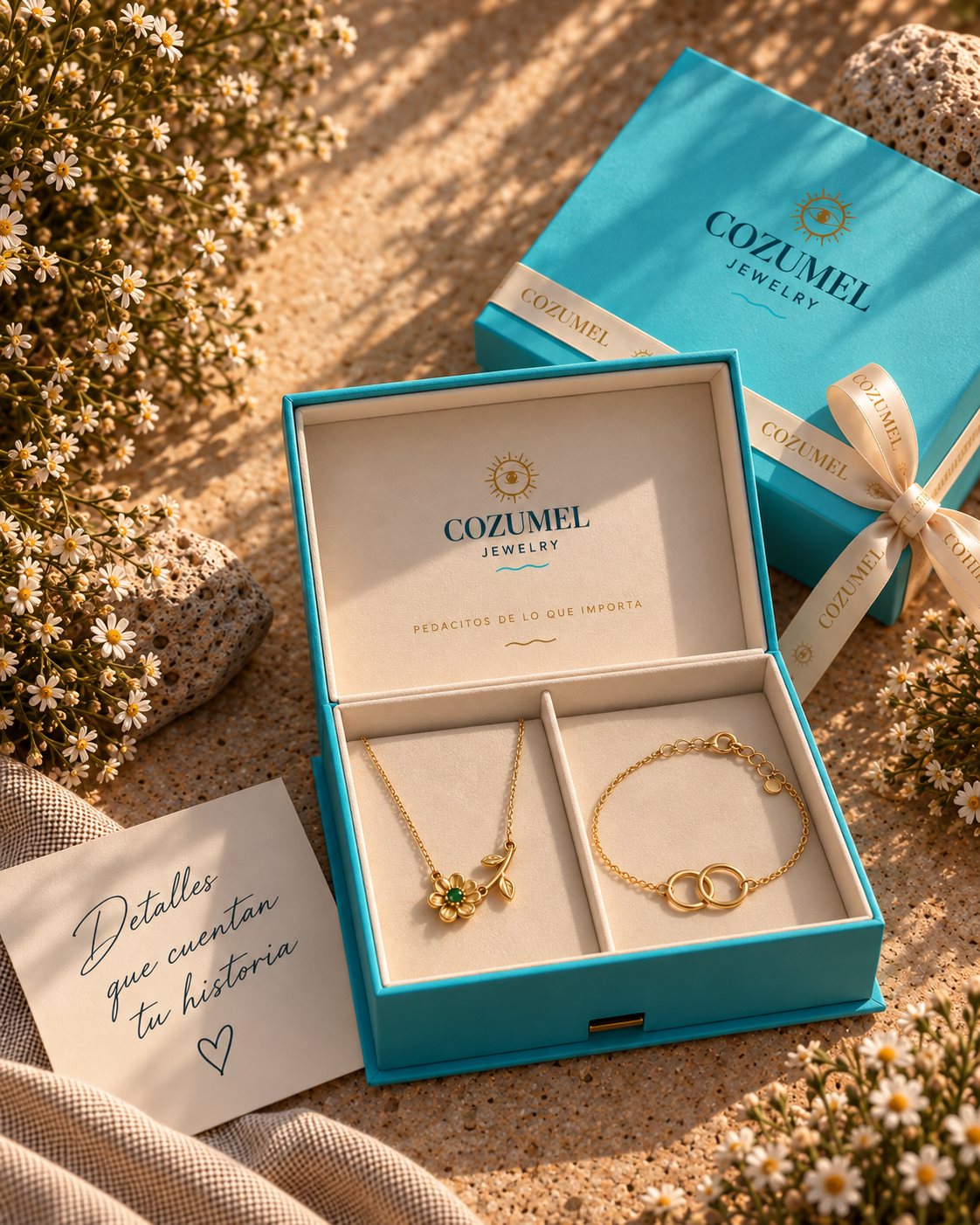 Caja de regalo de Cozumel abierta con un collar y una pulsera dorados, junto a la tarjeta y la caja con lazo