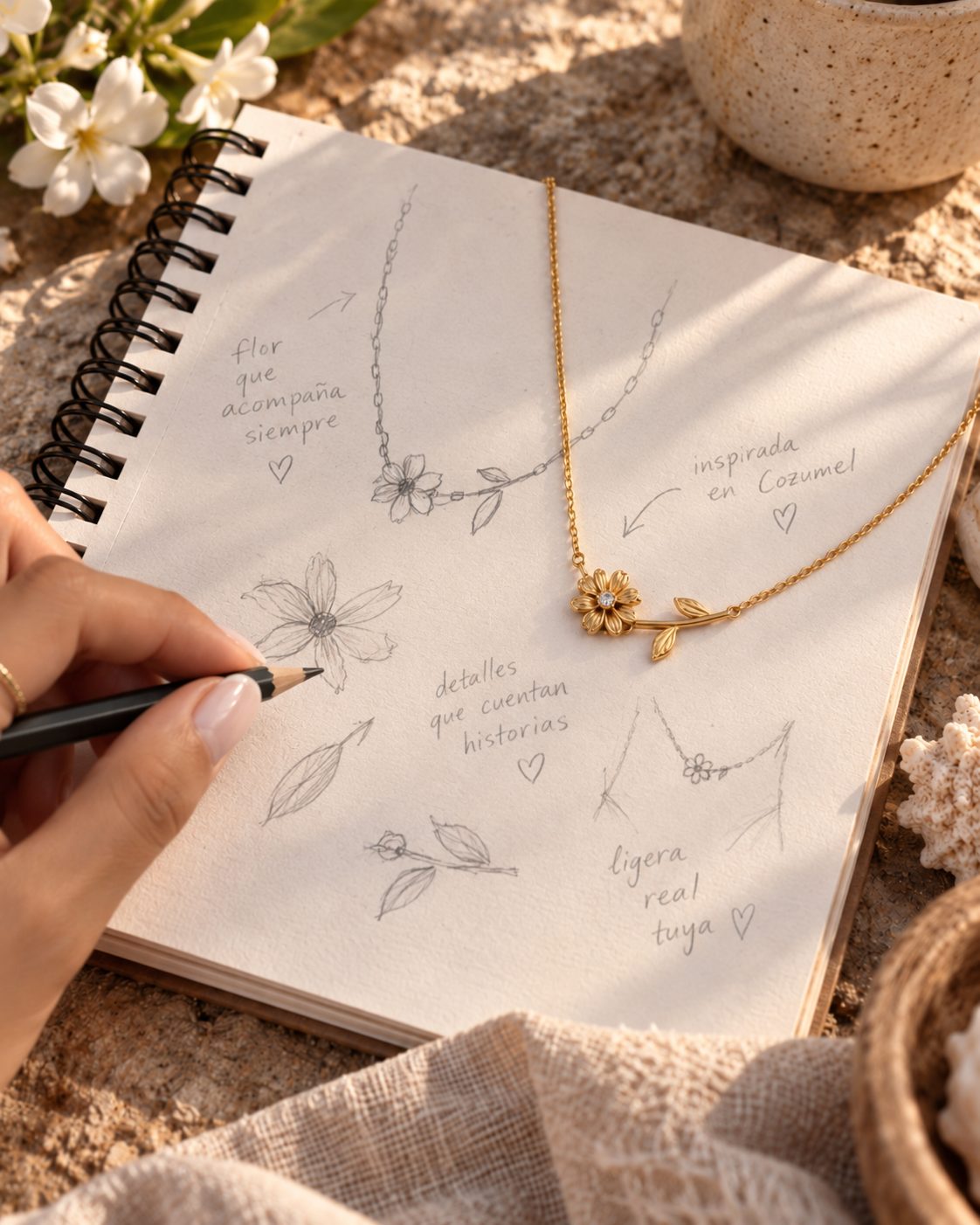 Cuaderno con los bocetos del collar de flor junto a la pieza terminada en dorado